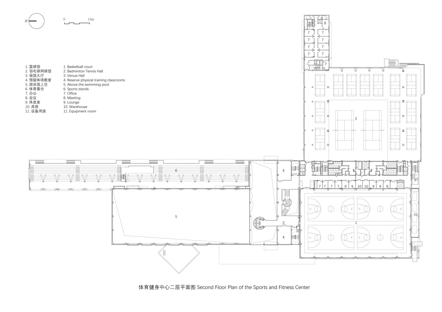 Sections through sports centre: two cross-sections showing basketball court, skating rink, pool, climbing wall