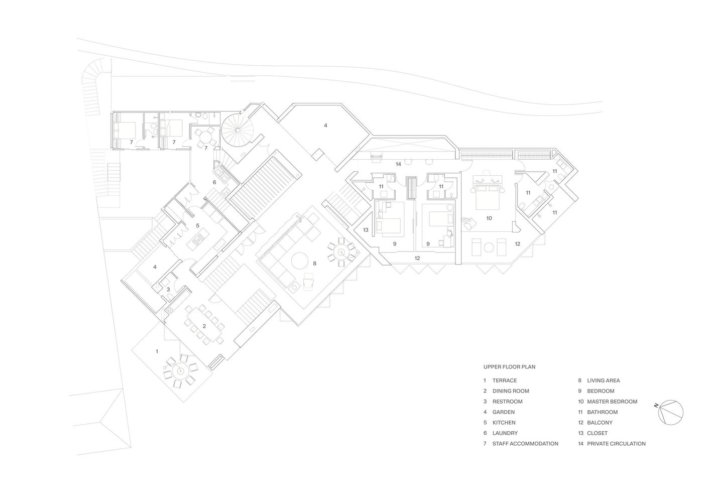 Upper floor plan drawing showing an angular layout with dining room, kitchen, bedrooms and staff areas