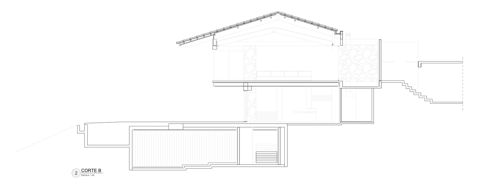 Section drawing revealing split-level volumes with sloped roofs and stepped terrain