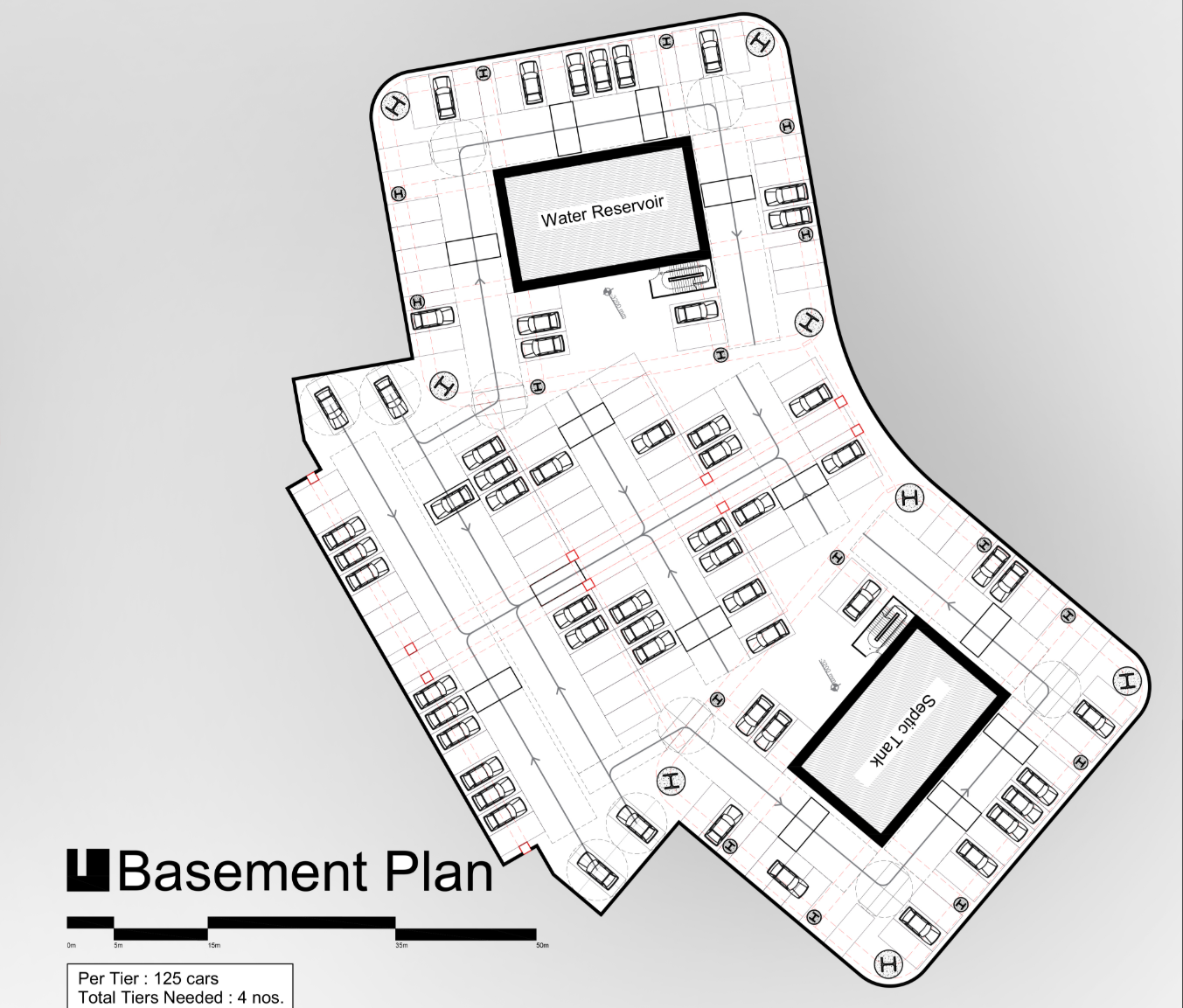 Efficiently planned basement space with designated parking and water reservoir systems.