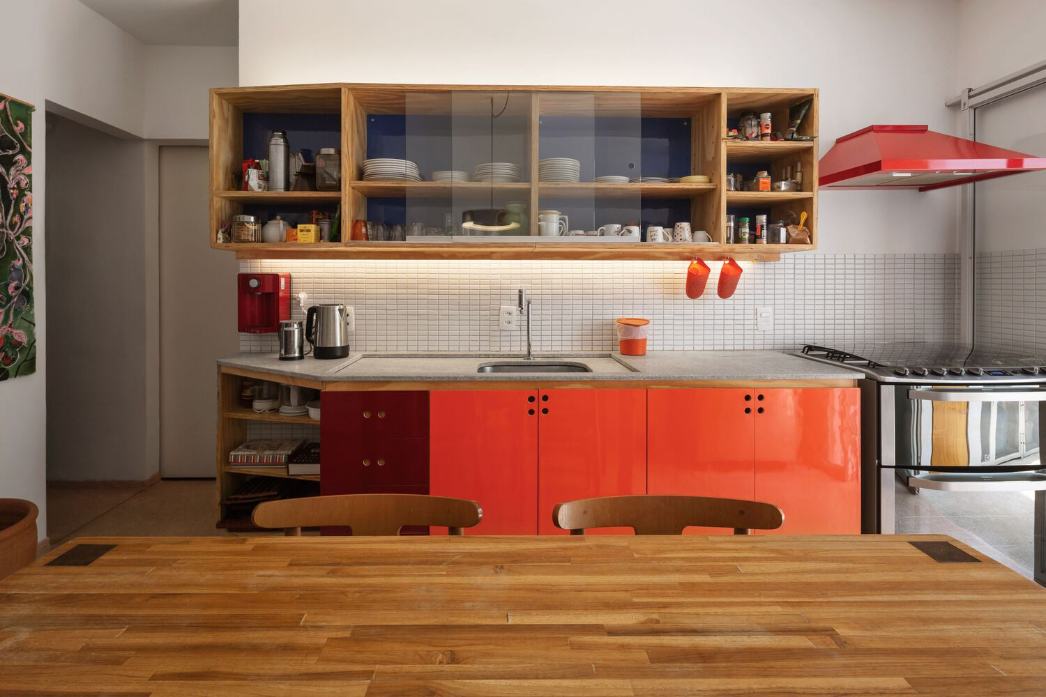 Laundry: compact utility space with red cabinet door, washing machine, concrete sink, green wall planting