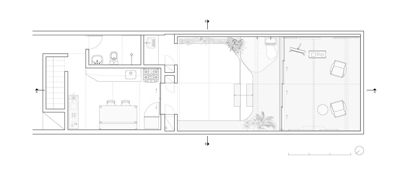 Floor plan: long narrow lot, street entry at left, kitchen and bedroom, courtyard garden, atelier at rear