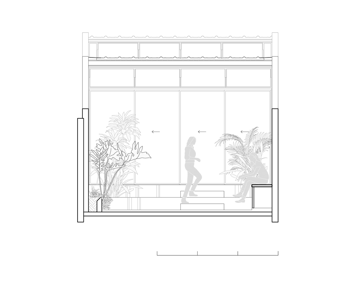 Roof drainage plan: blue overlay showing rainwater collection from atelier and courtyard