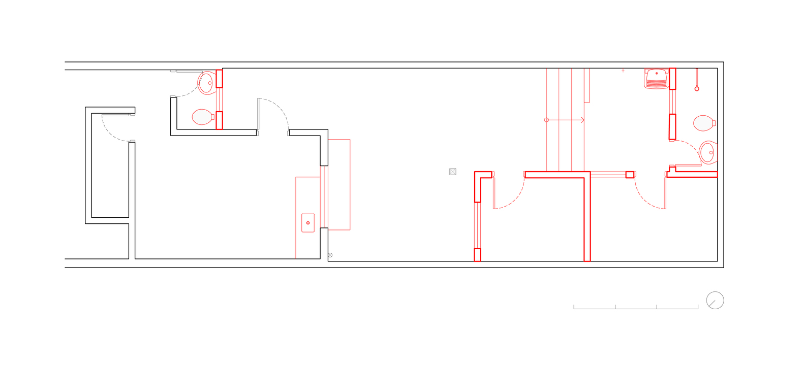 Longitudinal section: existing house at left, courtyard garden in centre, elevated atelier at right with translucent roof