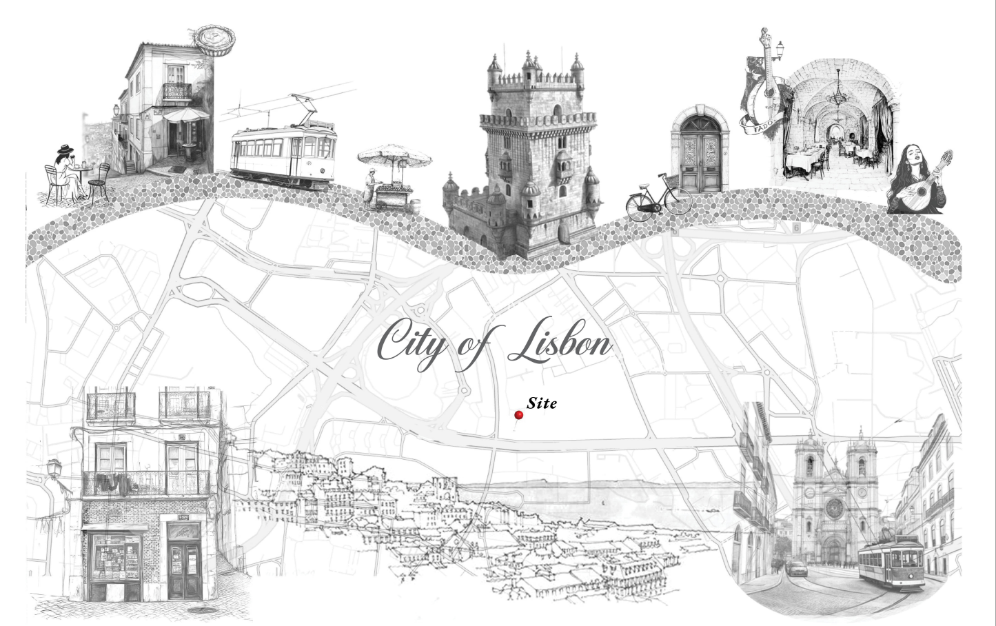  A collage of Lisbon's iconic landmarks and cultural elements, showcasing the project's harmonious integration into the cityscape.