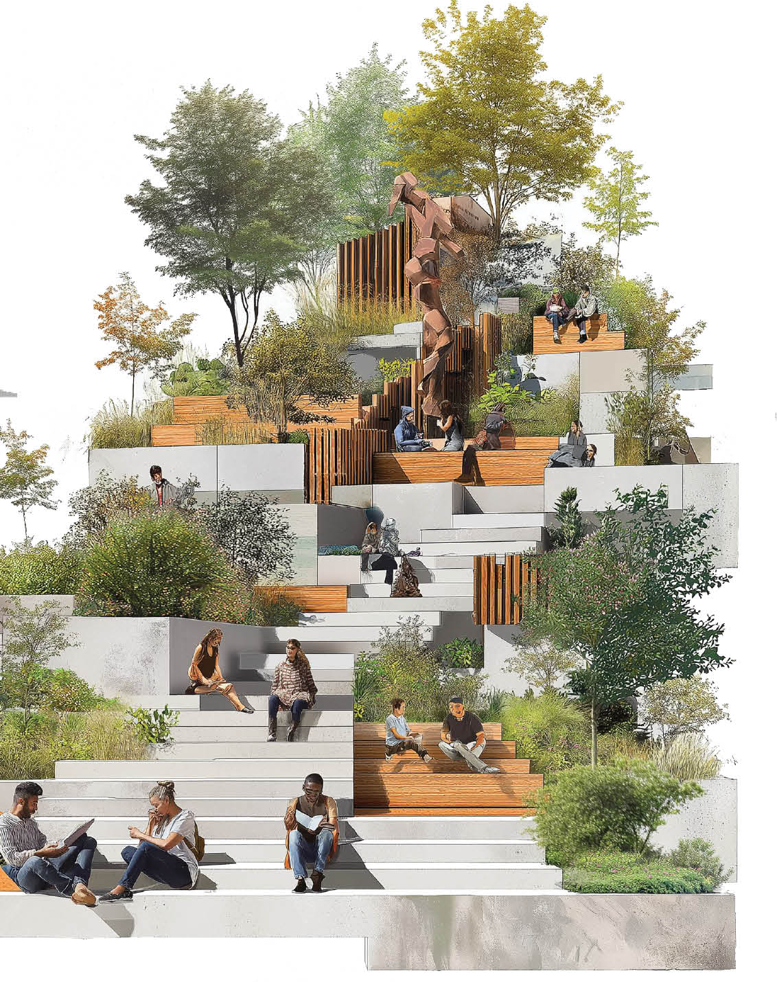A multi-level green space designed for community interaction, blending nature and urban architecture.