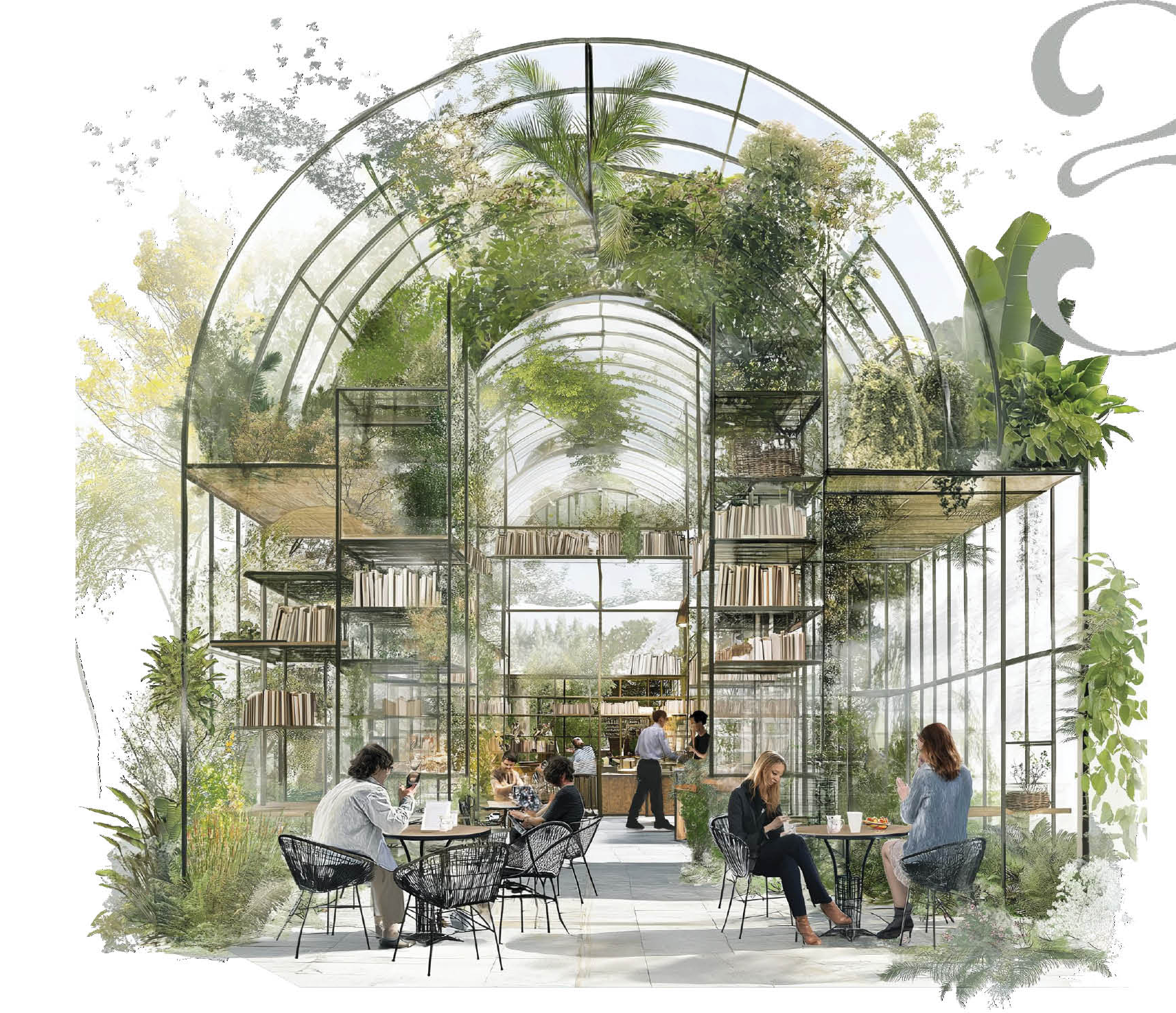 A serene café space inspired by Art Nouveau, combining natural light, greenery, and modern design.