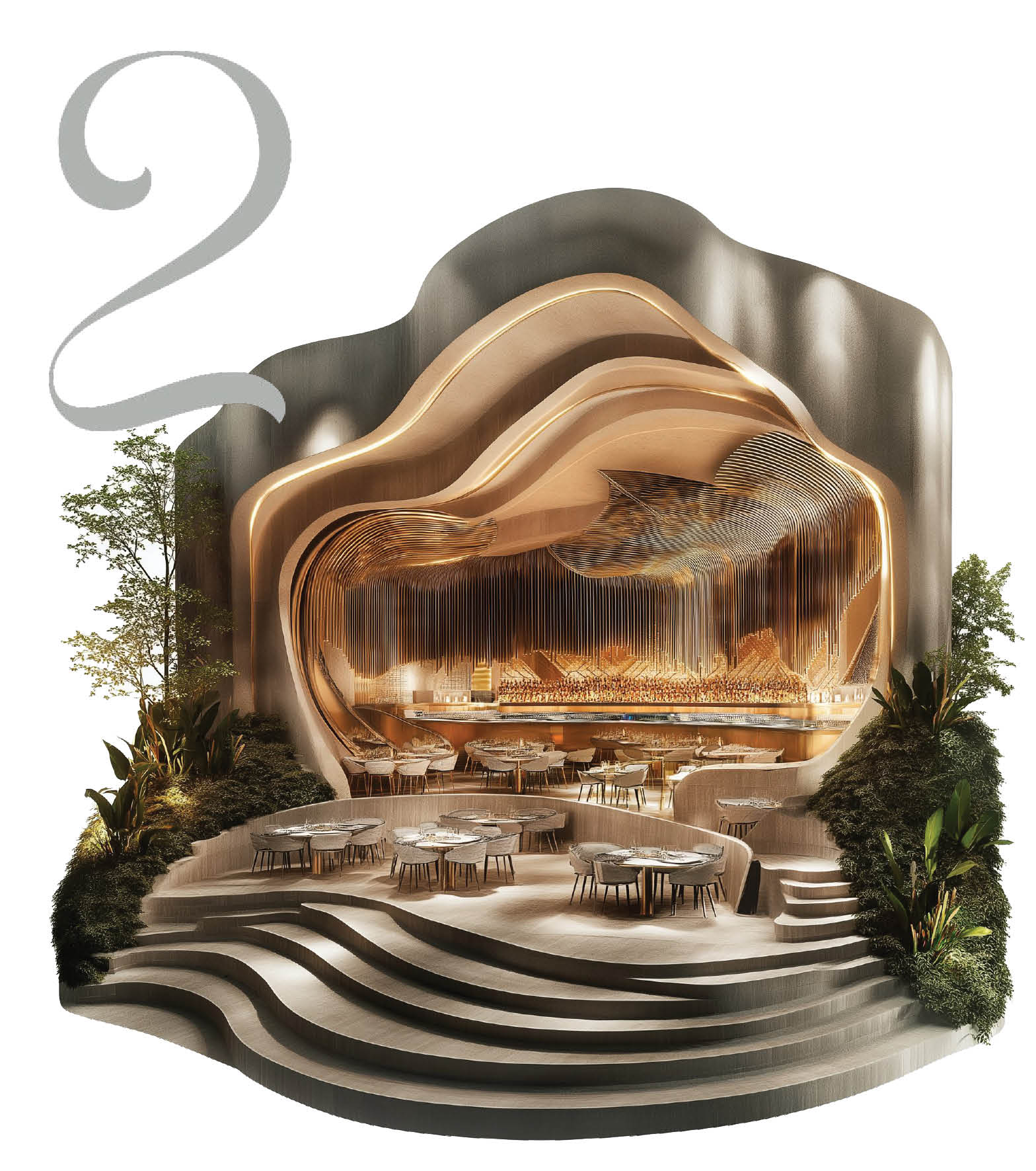 A luxurious dining experience within a sculptural Art Nouveau-inspired theatre setting.