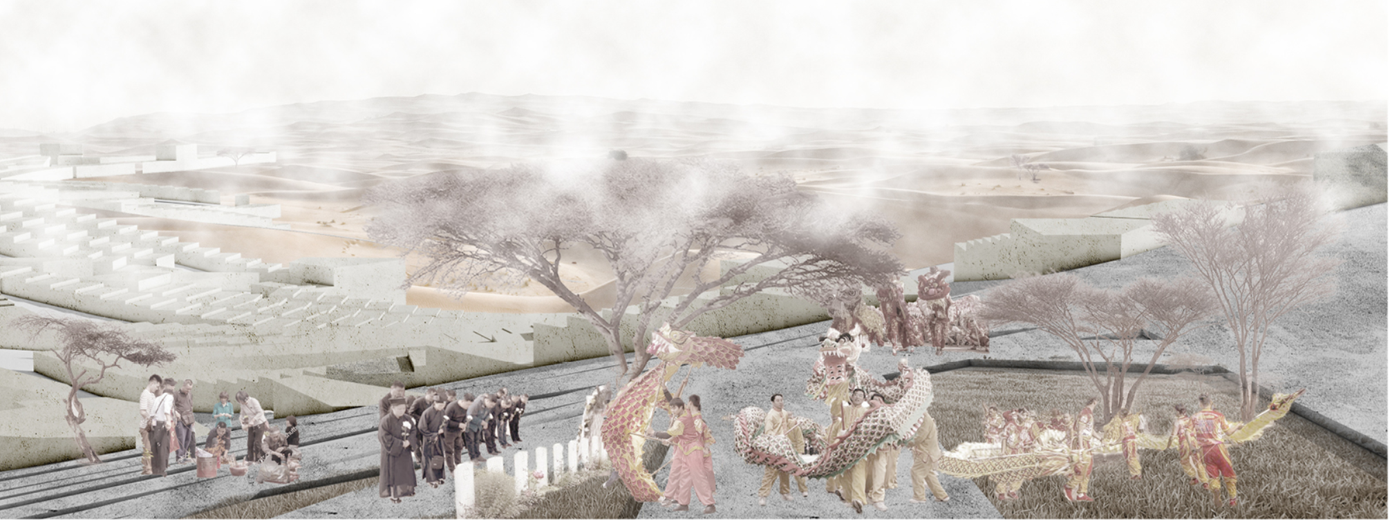 A dragon dance in a serene desert setting, symbolizing the harmony between traditional celebrations and the natural landscape.