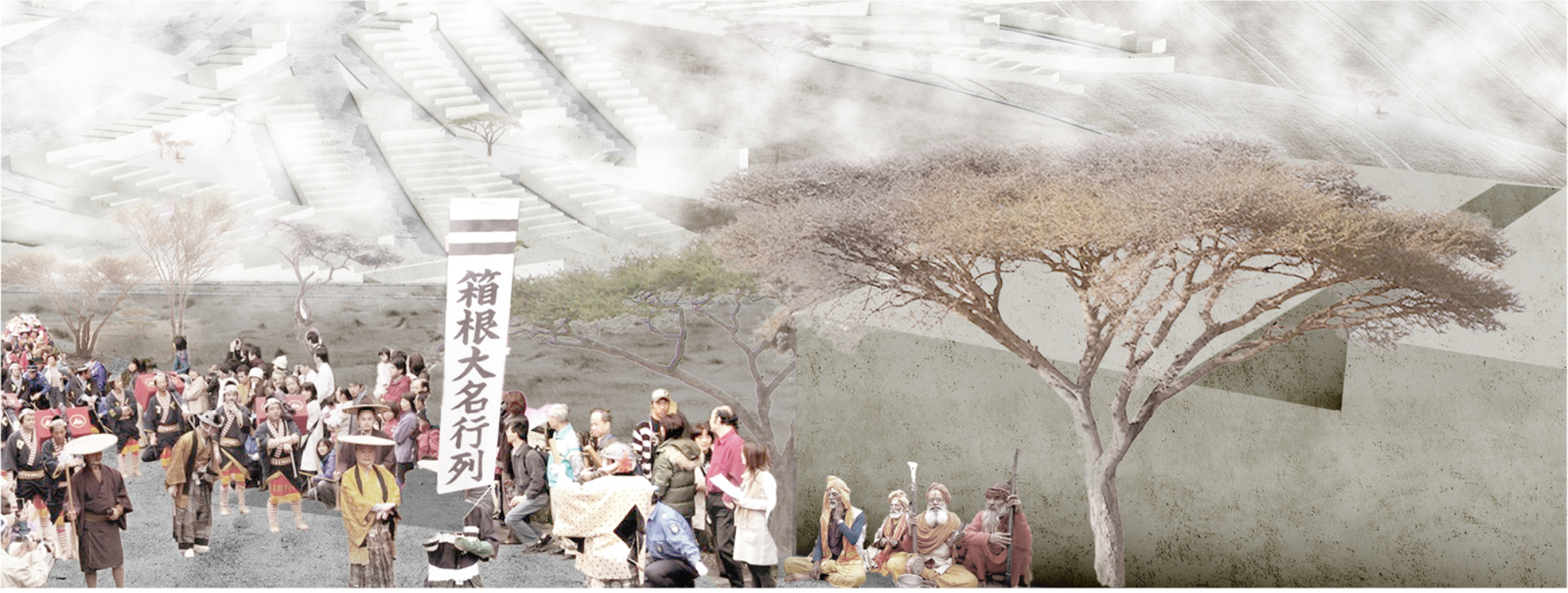 Procession showcasing the vibrant cultural expressions of diverse global communities under the shade of iconic desert trees.