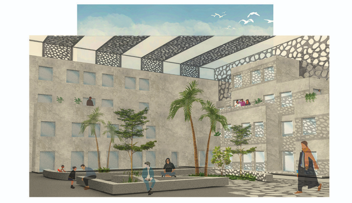 A serene courtyard in Besahapio's residential block, blending greenery and innovative cooling strategies for comfortable desert living.