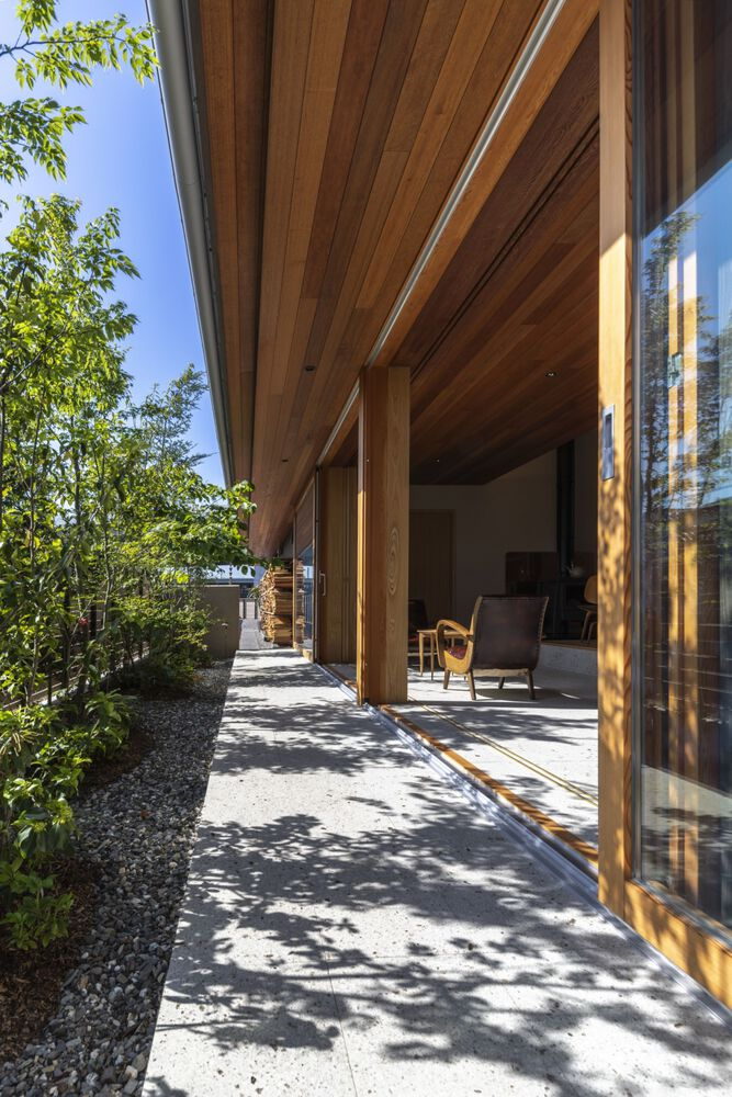 Covered exterior walkway with timber-lined soffit and large sliding glass doors framed by dappled tree shadows