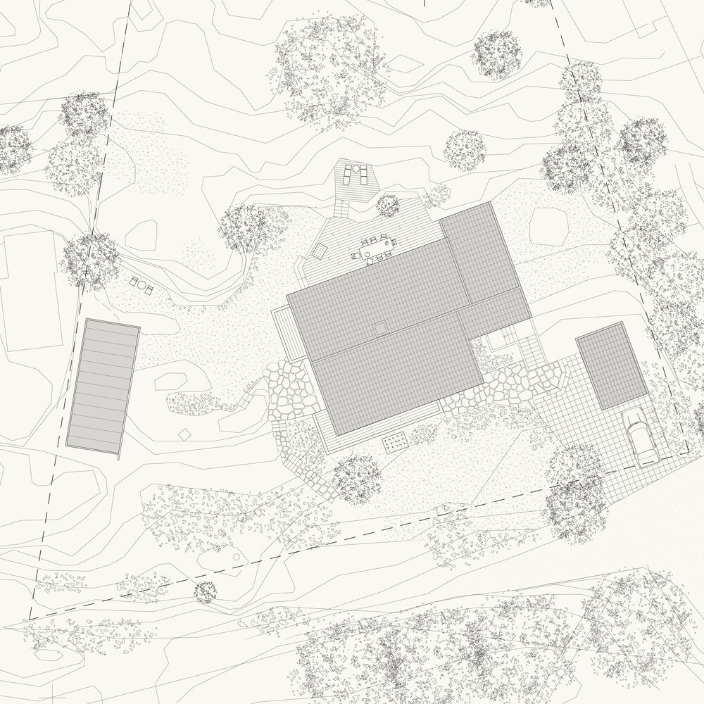 Site plan drawing showing a rectangular building footprint surrounded by mature trees and curving pathways
