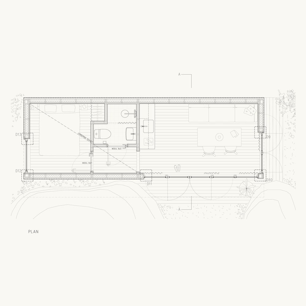 Floor plan drawing showing a linear layout with bedroom, bathroom and open living space