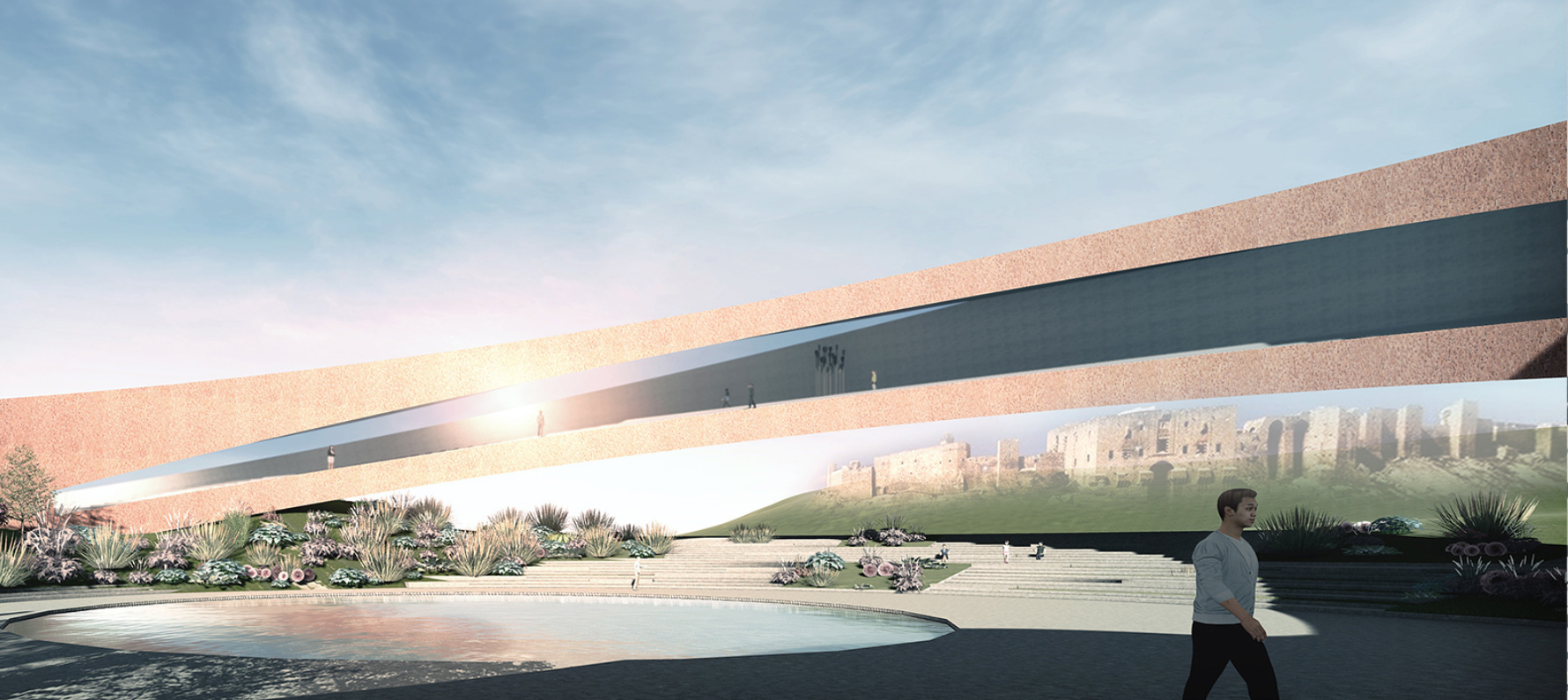 A striking architectural bridge that intertwines modern design with historical landscapes, reflecting sustainability and cultural legacy.