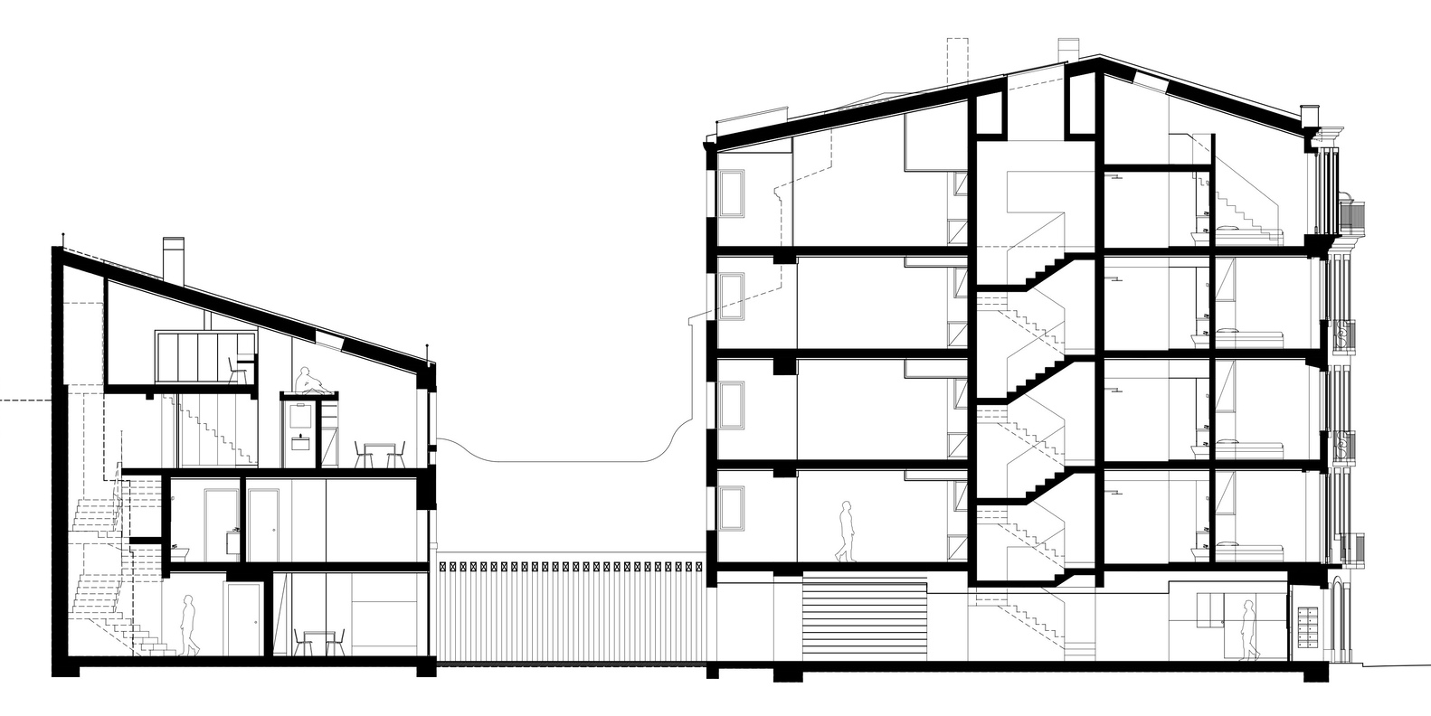 Longitudinal section drawing revealing three stacked levels in two volumes connected by an open courtyard