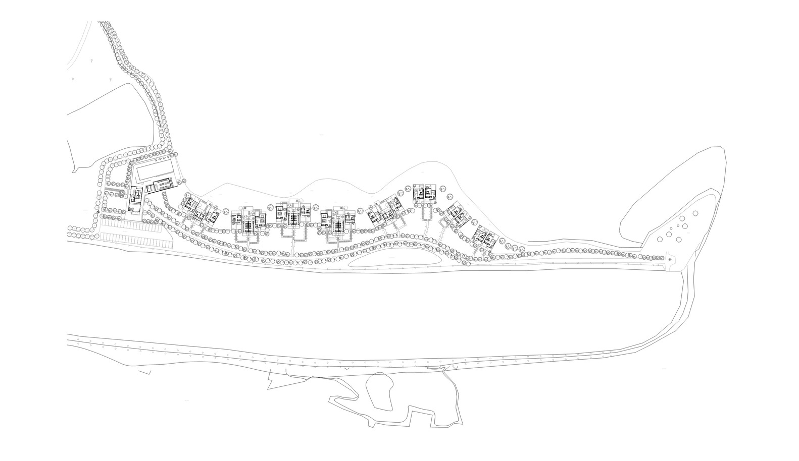 Site plan drawing showing building clusters along a curving peninsular landform between water bodies