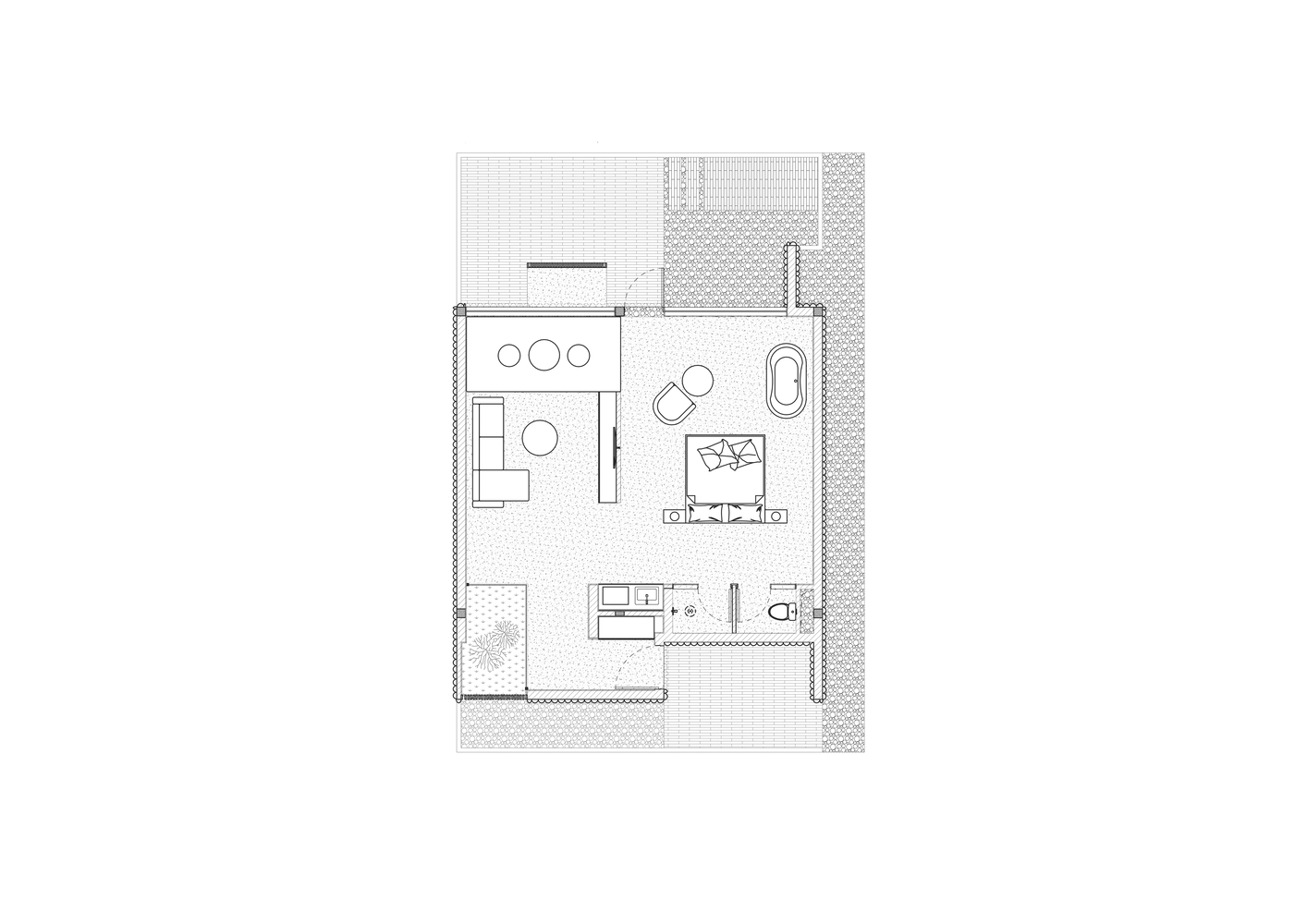 Floor plan drawing showing a single-level residence with living areas, bedroom, bath and outdoor terrace