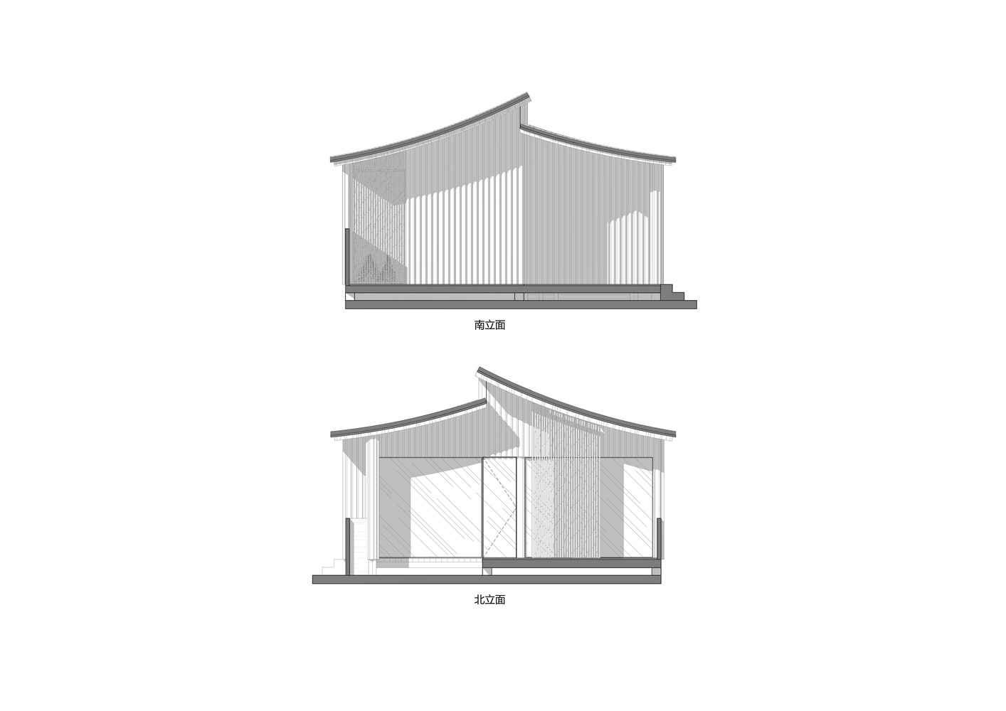 South and north elevation drawings depicting the curved roofline and vertical cladding over window openings