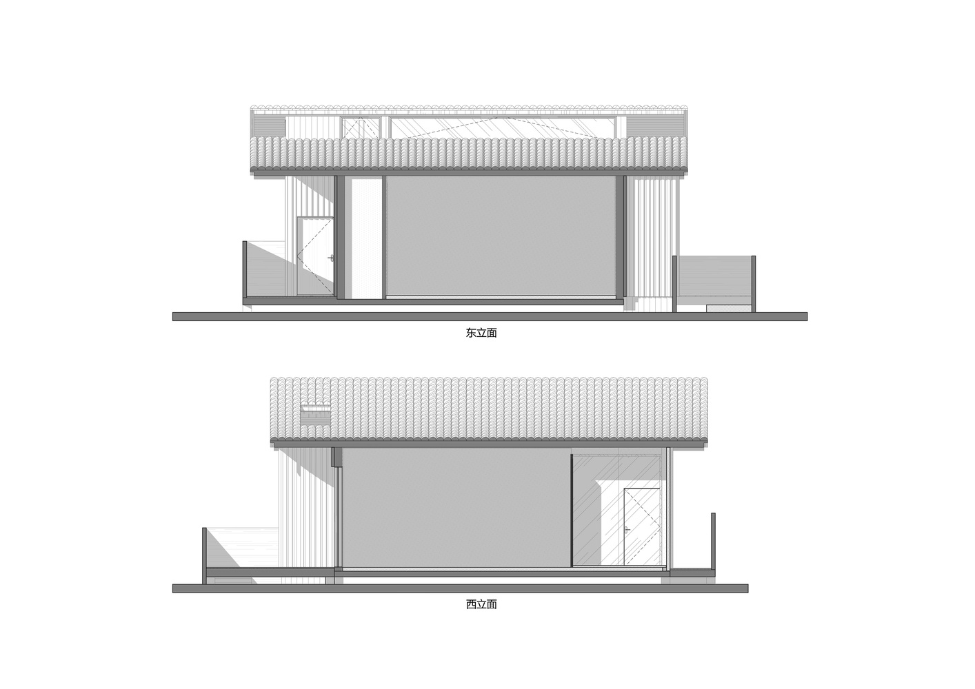 Elevation drawings of east and west facades showing corrugated metal roofing and vertical slatted screening