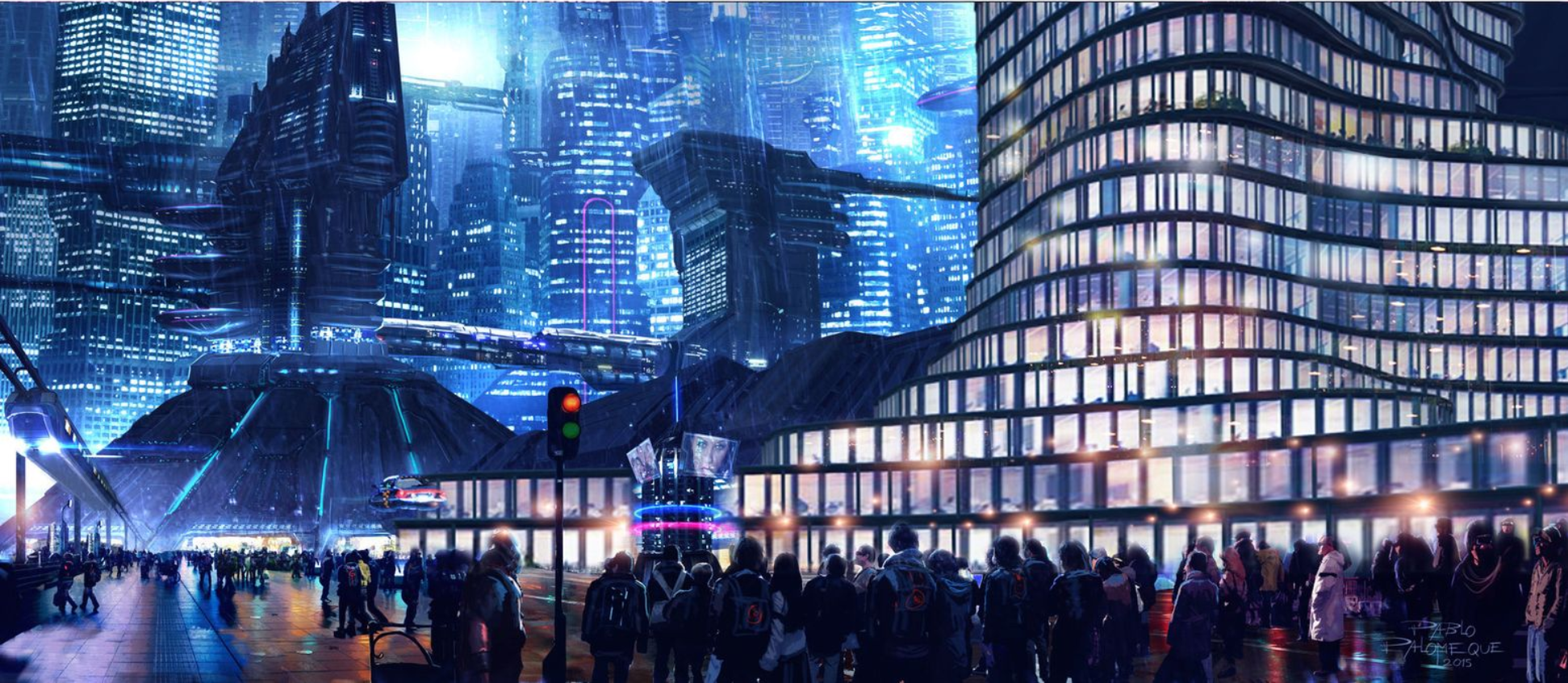 A vibrant depiction of futuristic urban life, blending technological marvels with sustainable design to create thriving, illuminated metropolises.