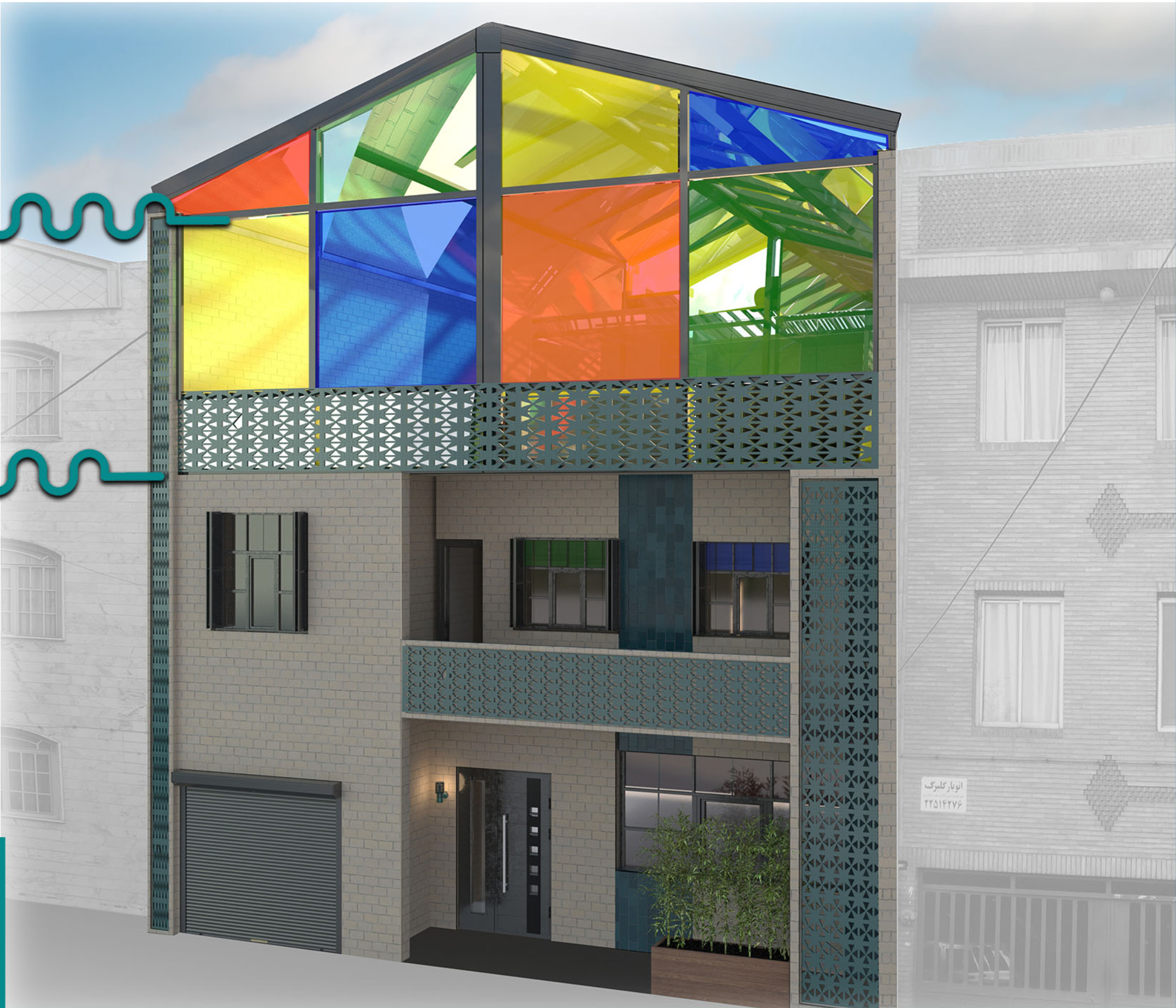 Exterior view of the vibrant glass facade with traditional and modern elements.