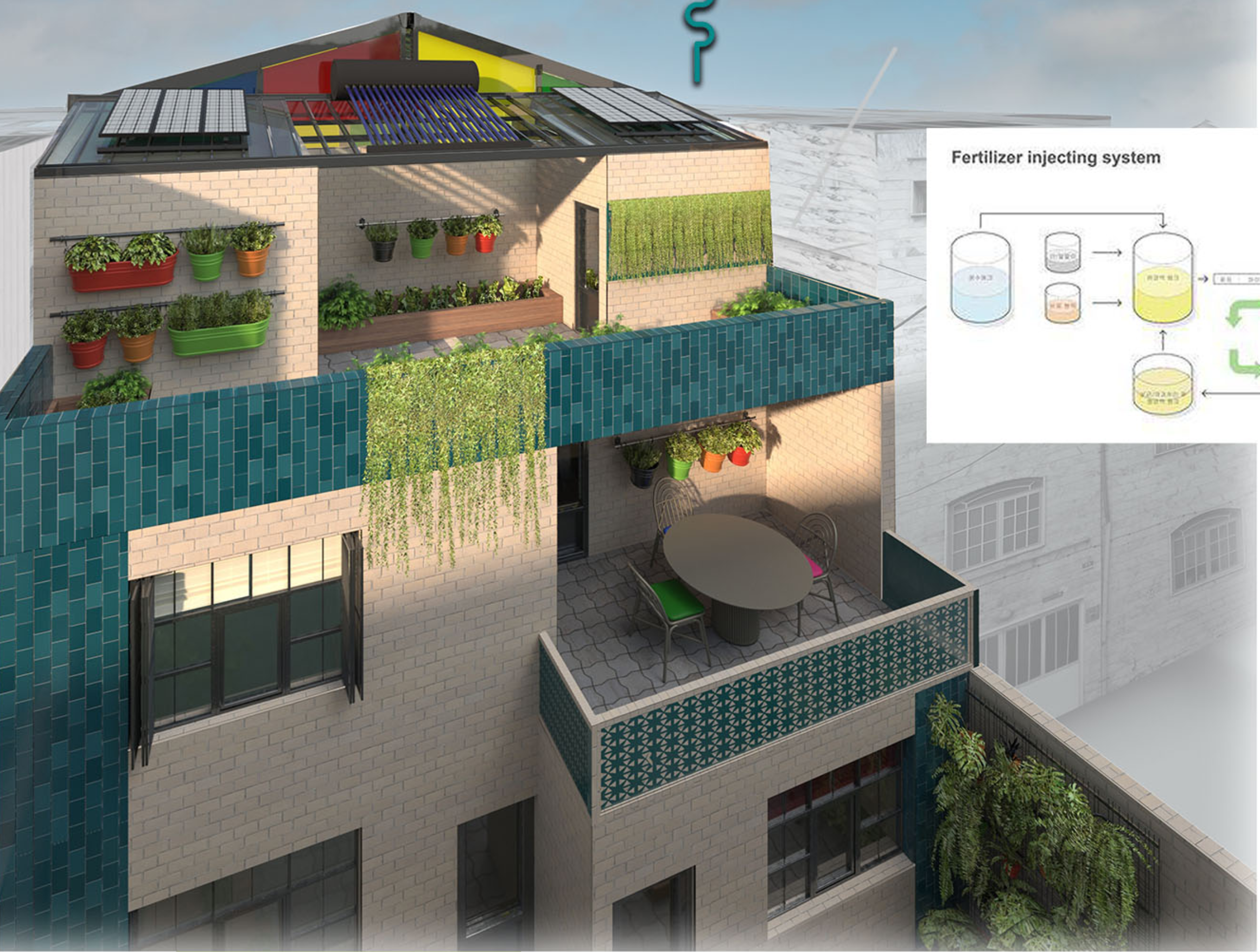 Rooftop garden and solar panels showcasing eco-friendly design.