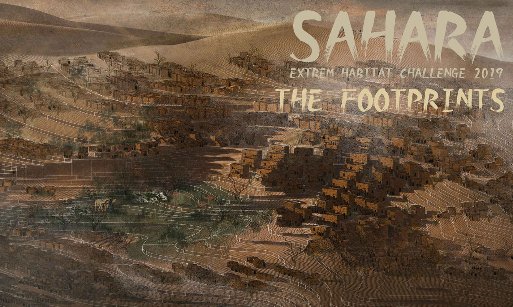 Aerial view of the Footprints settlement nestled into a Saharan gorge, with terraced stone buildings stepping down the terrain