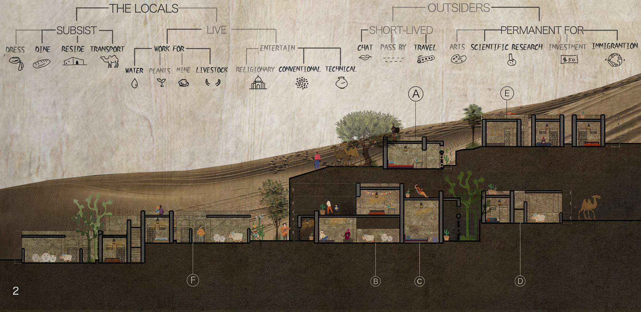 Cross-section through the gorge showing dwelling zones, programme distribution, and the relationship between locals and outsiders