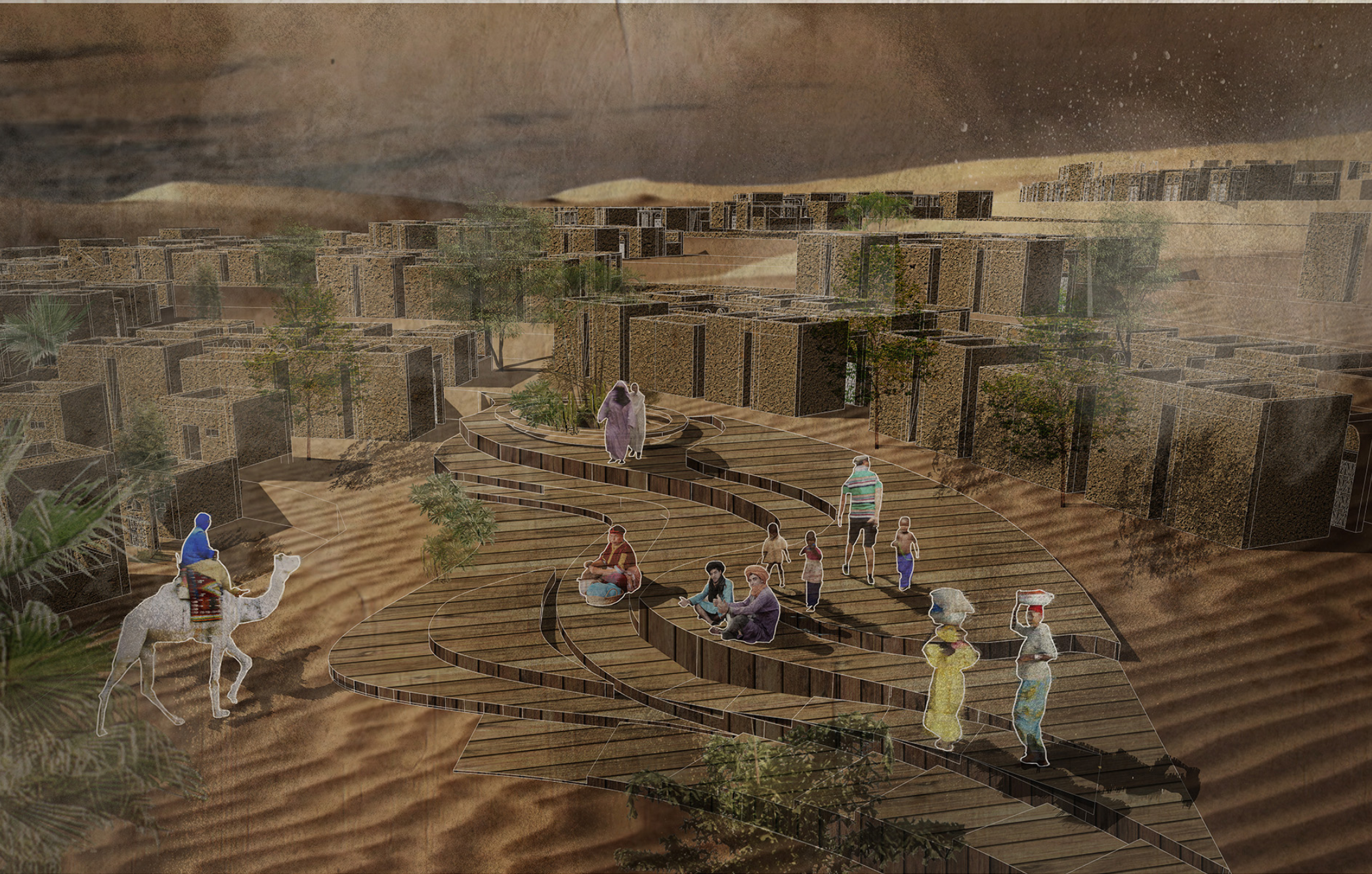 Terraced communal gathering space with curved timber walkways winding between stone buildings and palm trees