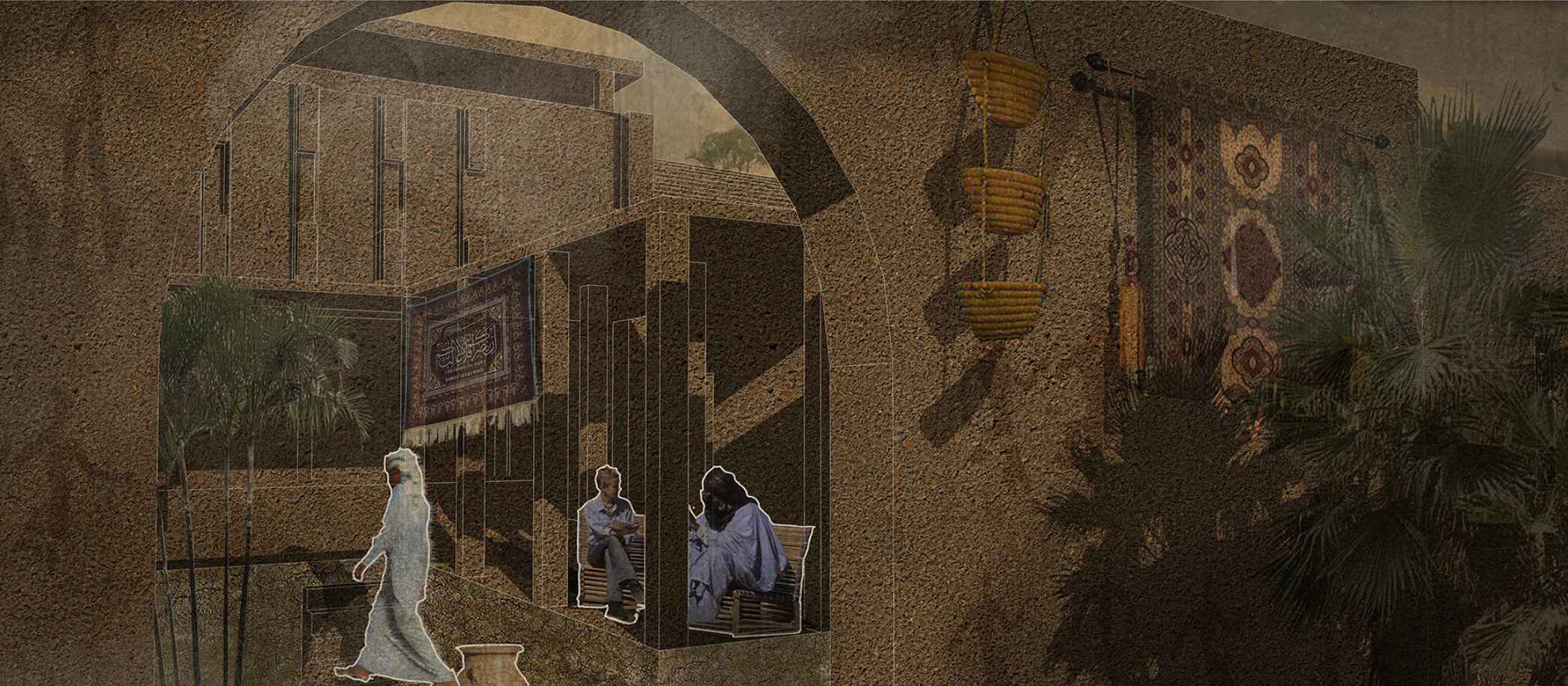 Tea house interior with arched stone walls, hanging woven textiles and baskets, and residents gathering in the shade