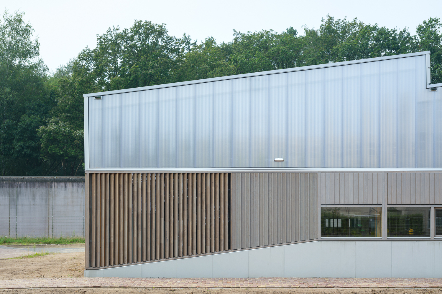 Facade detail: polycarbonate panels above vertical timber slat screen at ground level