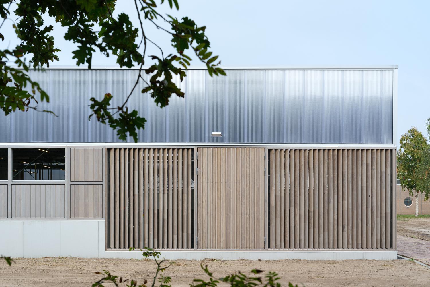 Close-up: timber slat facade panel with polycarbonate wall rising above
