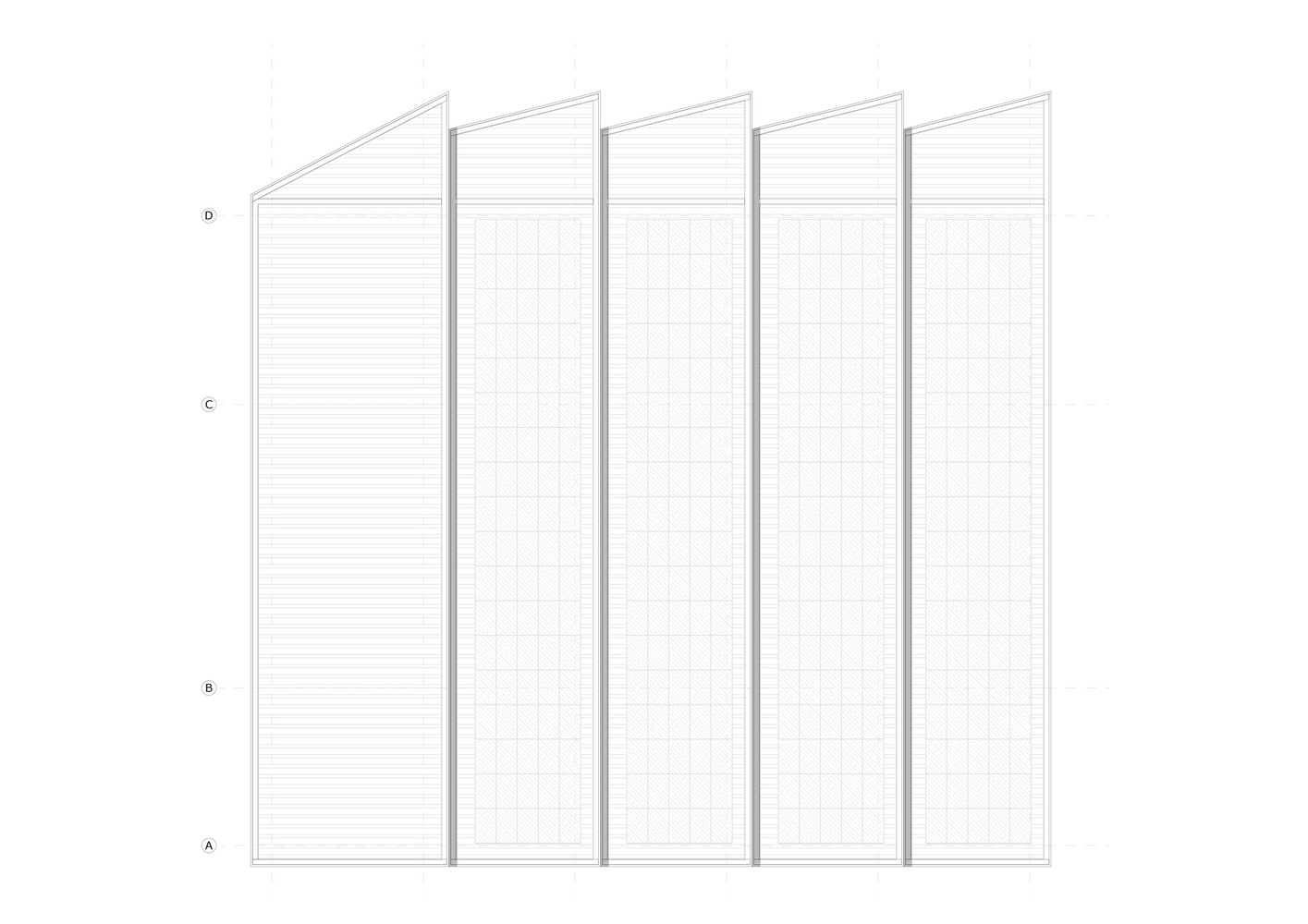 Side elevation drawing: polycarbonate panels above sawtooth clerestories