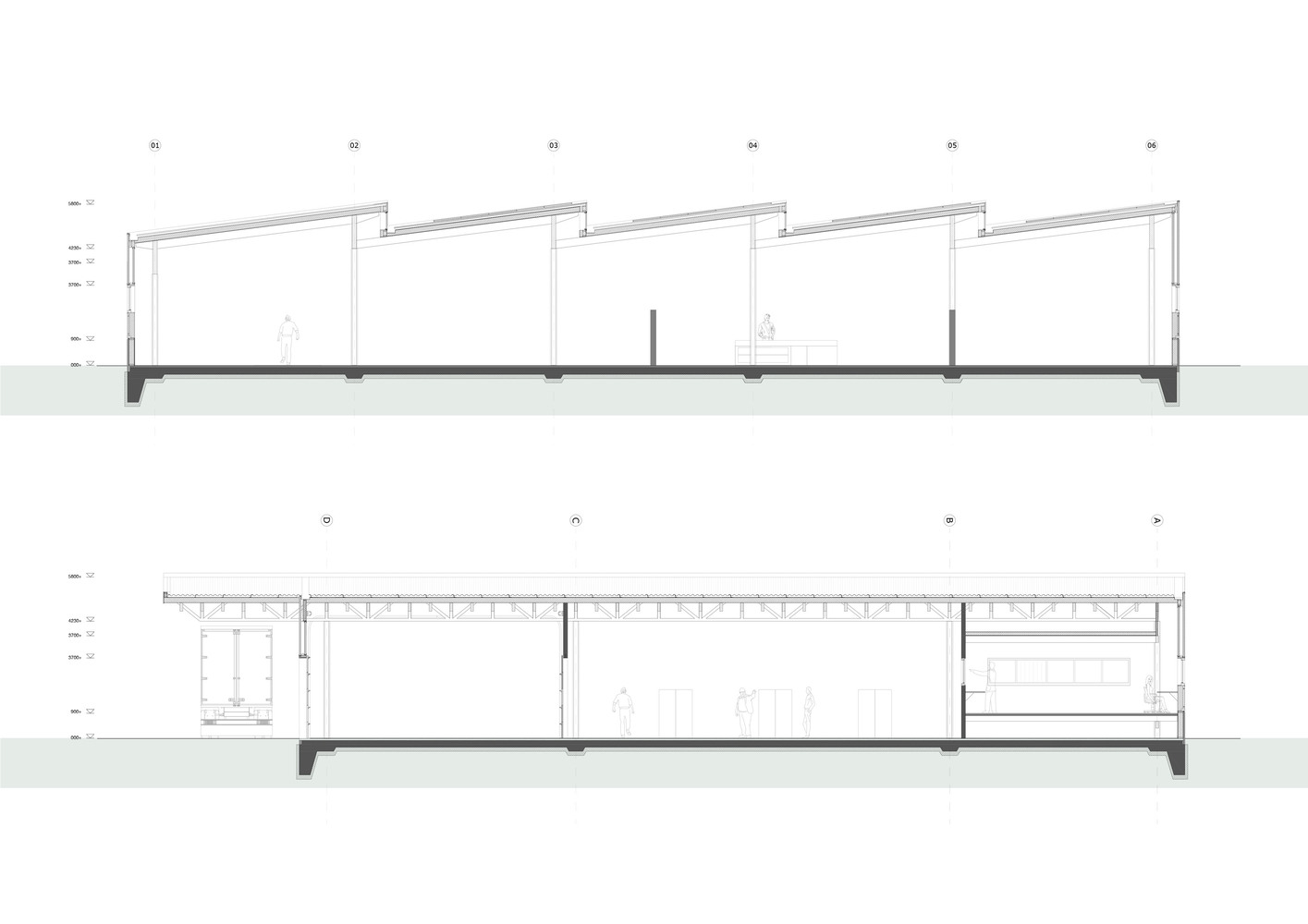 Longitudinal and transverse sections showing timber truss structure, sawtooth roof, and interior volumes