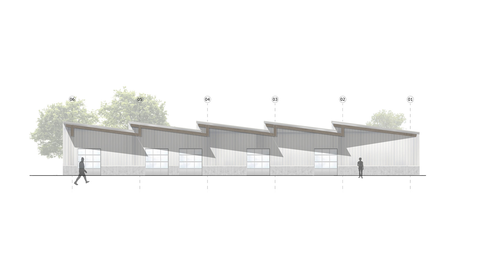 South elevation: sawtooth roof profile with numbered structural bays and trees