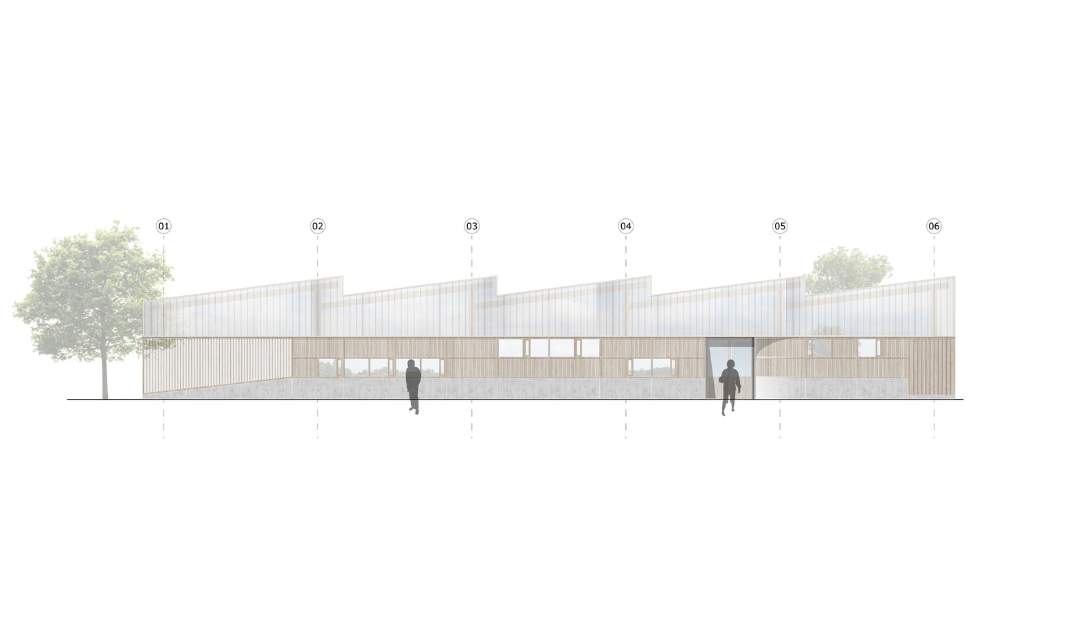 North elevation: timber slat facade, entry door, polycarbonate clerestories above