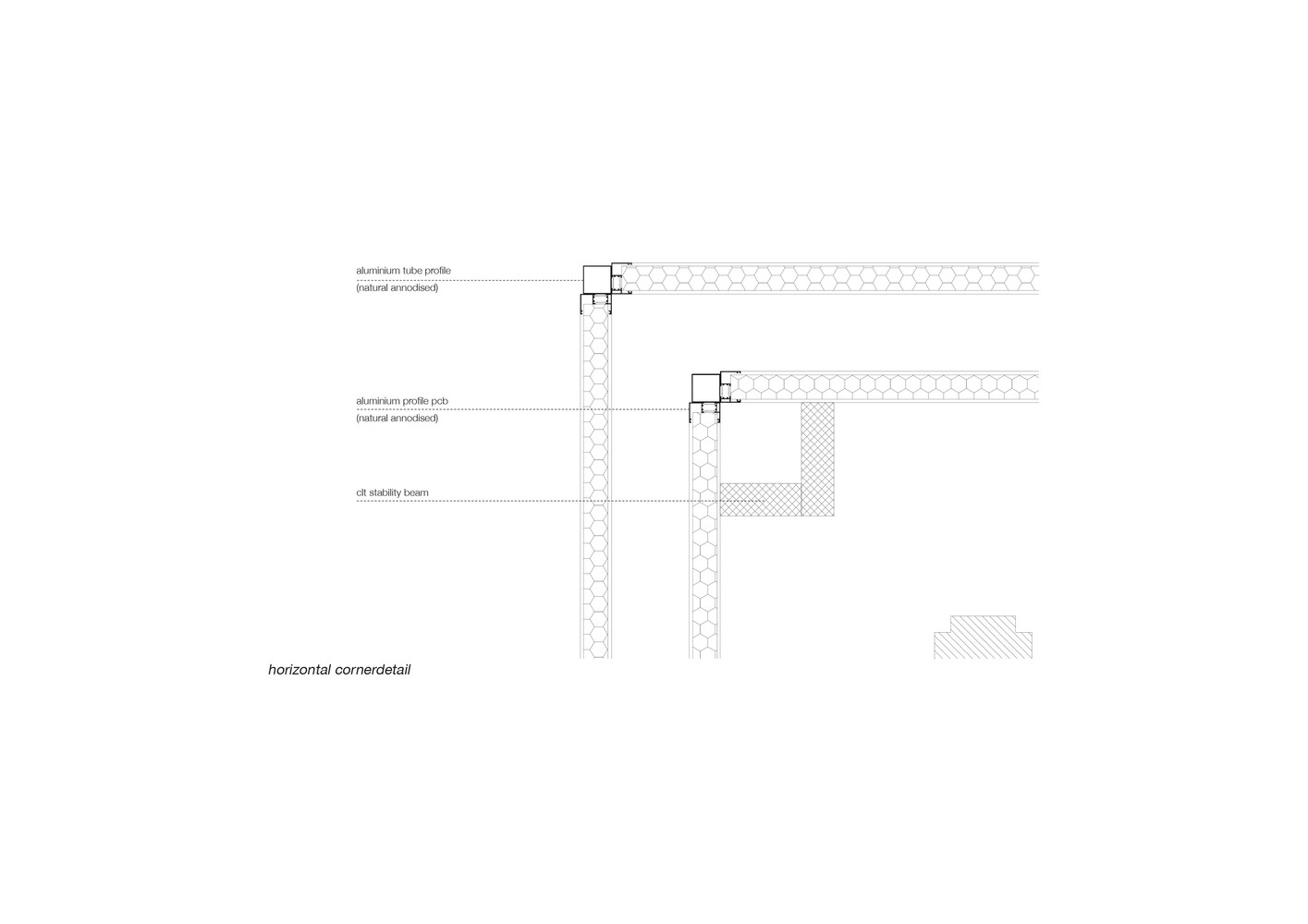 Horizontal corner detail: aluminium tube profile, anodised aluminium cladding, and CLT stability beam