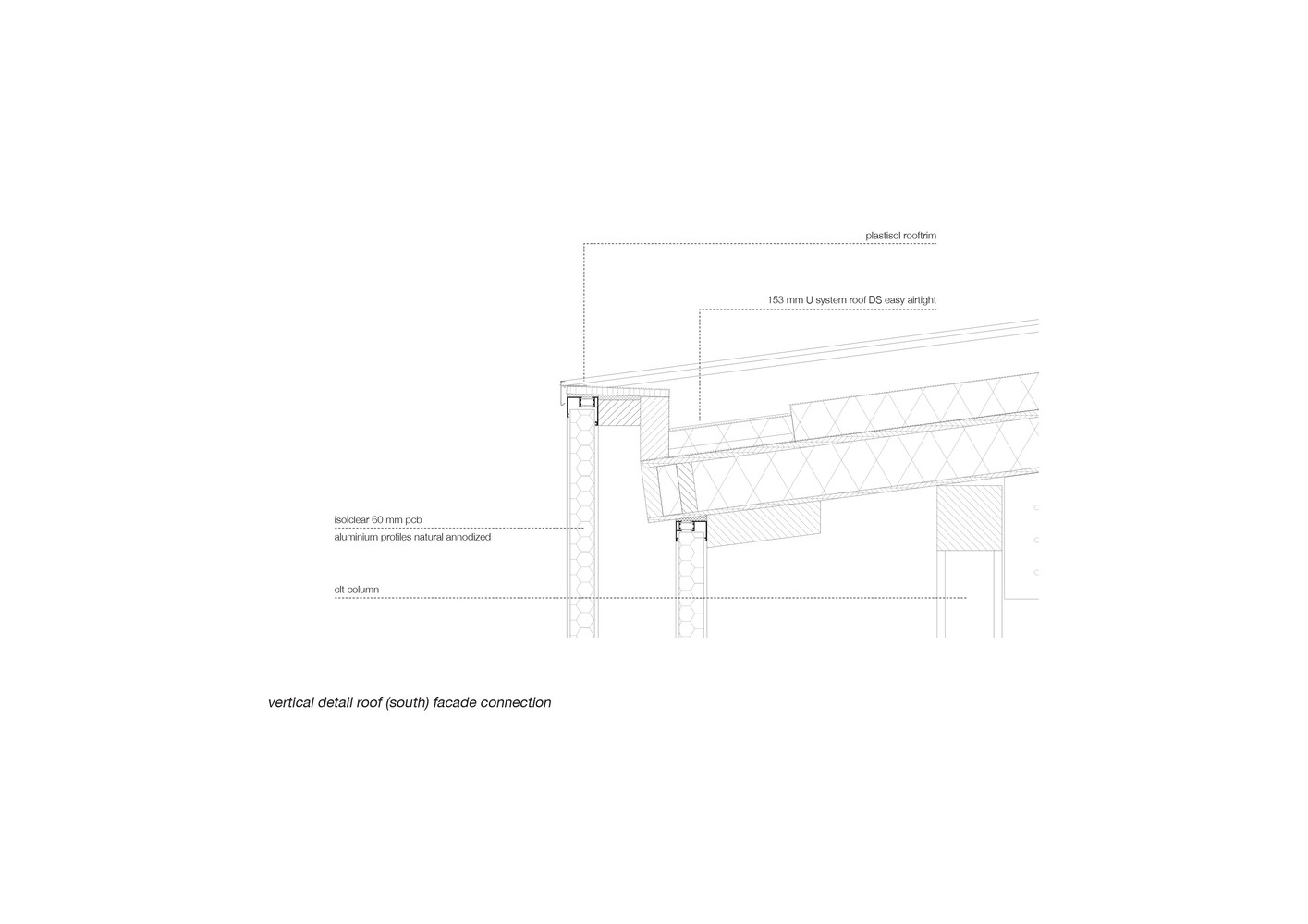 Vertical detail: south roof-to-facade connection with isoclear polycarbonate, aluminium profiles, and CLT column