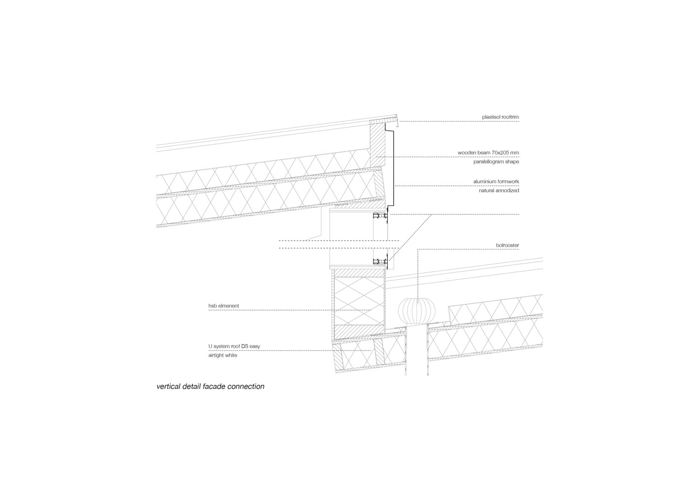 Vertical detail: facade connection with wooden beam parallelogram shape, aluminium formwork, and hsb element