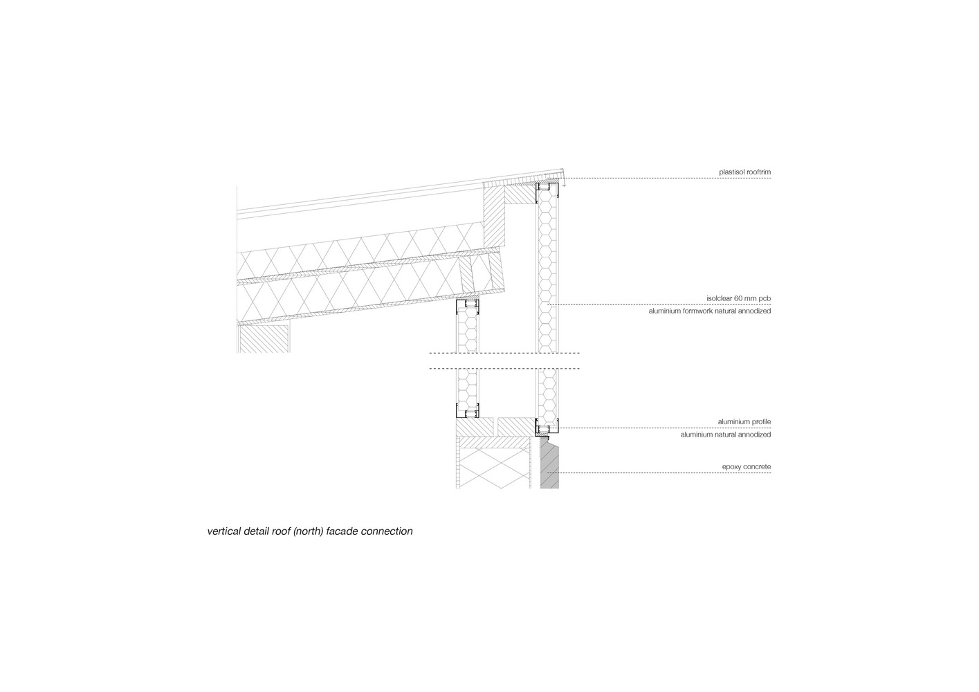 Vertical detail: north roof-to-facade connection with isoclear polycarbonate and aluminium profiles