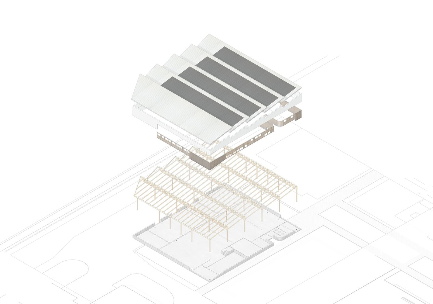 Exploded axonometric: CLT timber frame, sawtooth roof panels, and envelope assembly