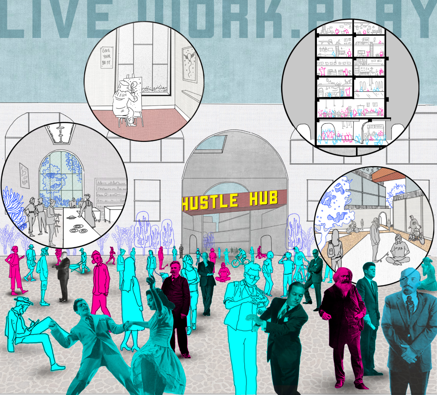 Hustle Hub brings life, work, and play into one harmonious urban hub, fostering creativity and connection
