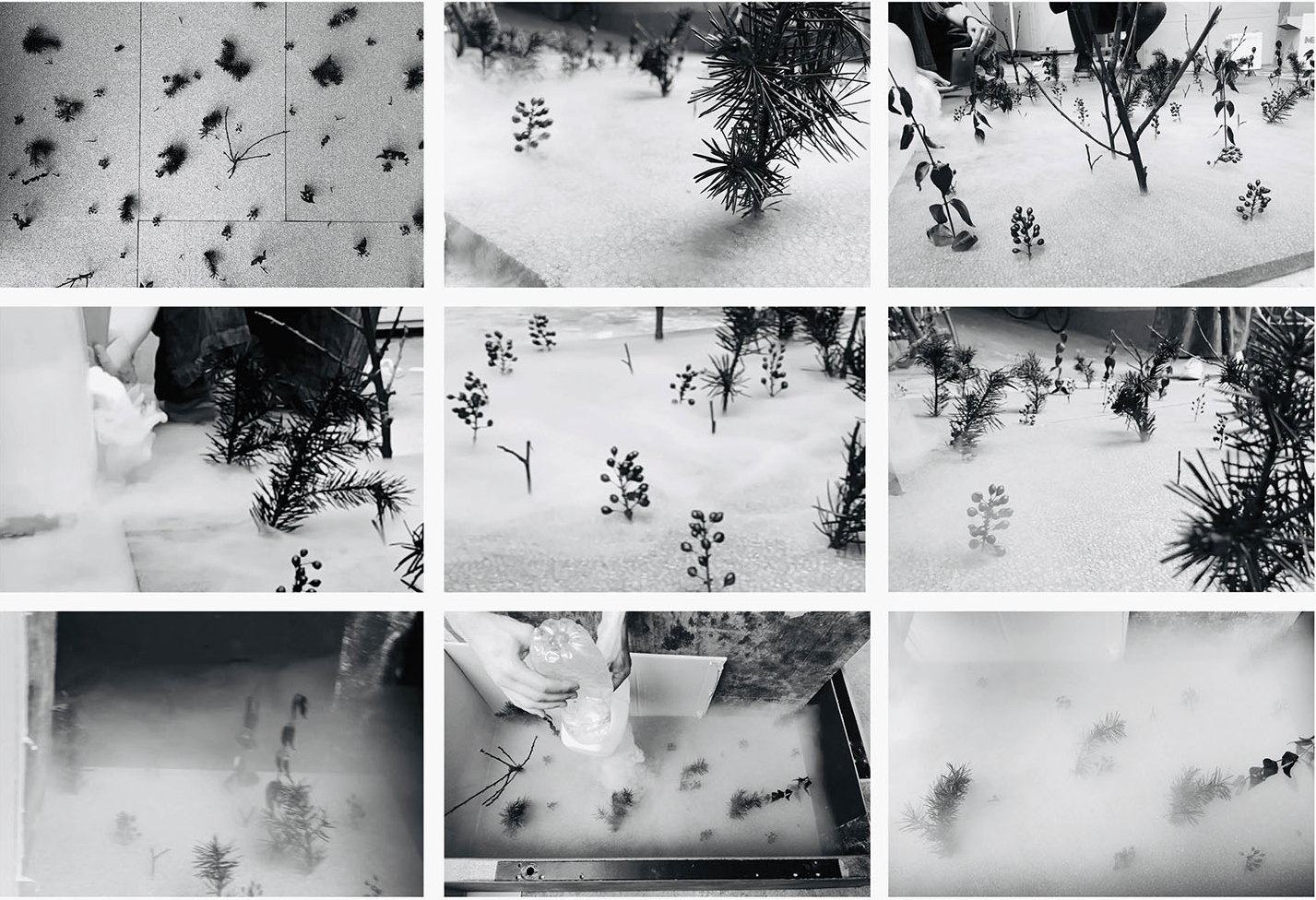 Nine-panel black and white grid of physical model experiments: cotton mist, miniature plants, and water used to study spatial density and threshold effects