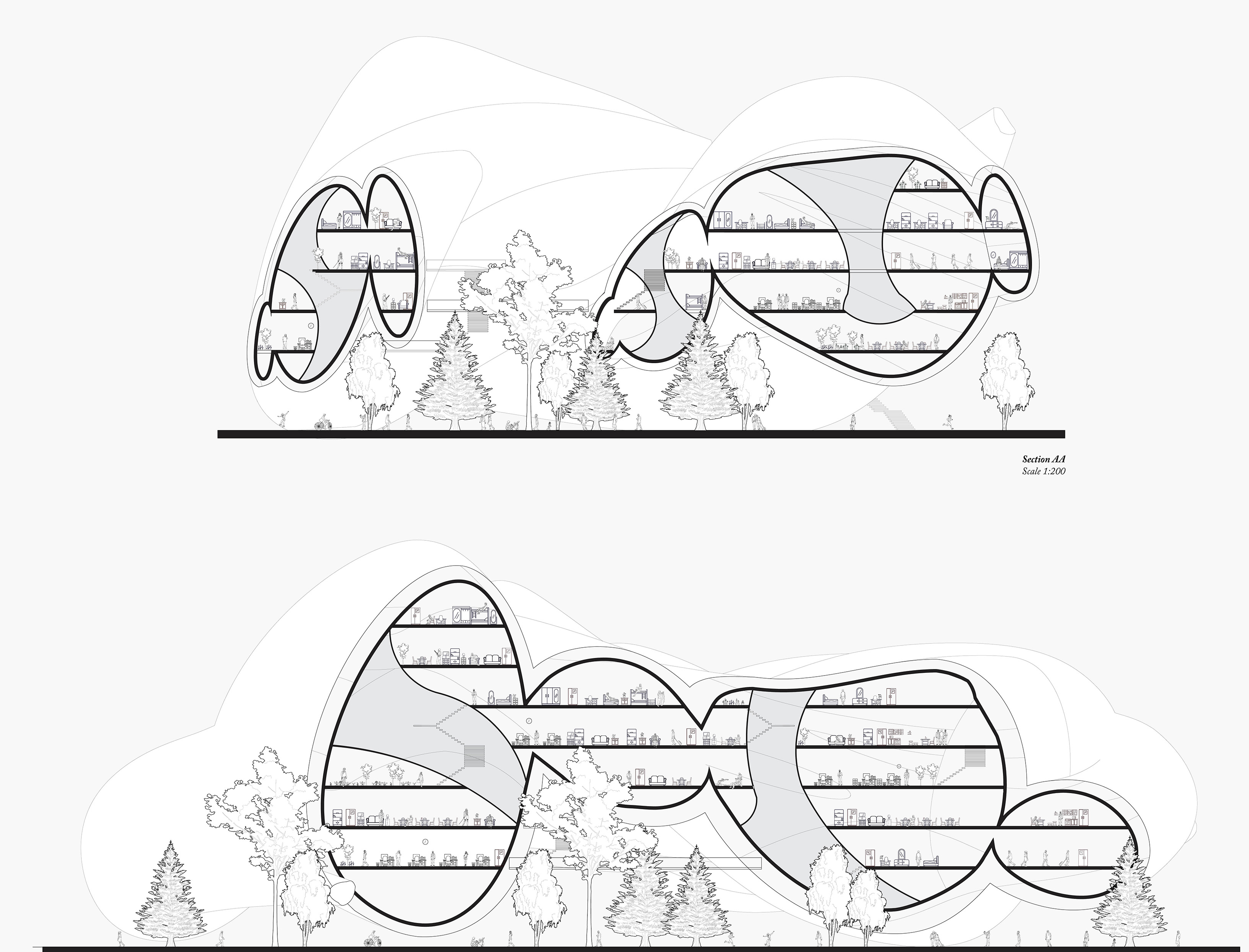 Two architectural sections showing organic, blob-like forms nestled in a forest clearing, with multiple interior levels and trees growing through the structures