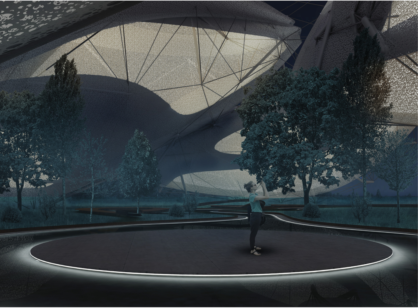 Interior view beneath a tensile fabric canopy with trees growing inside the space, a figure standing on a circular illuminated platform at twilight