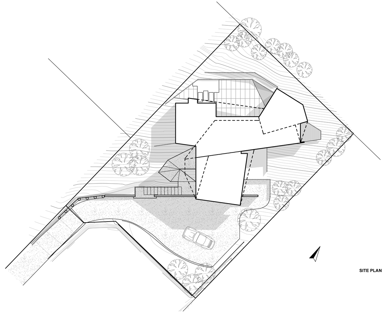 Site plan drawing showing an angular building footprint with outdoor spaces and a curved driveway