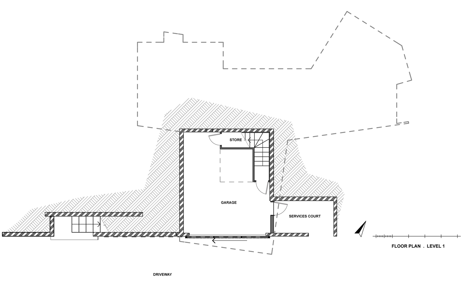 Floor plan drawing indicating garage, storage and services court areas on level one
