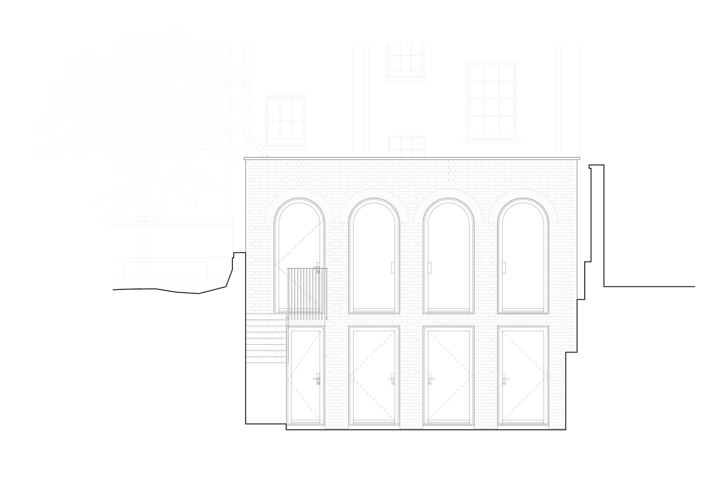 Elevation drawing of a brick facade with four arched windows and adjacent building outlines