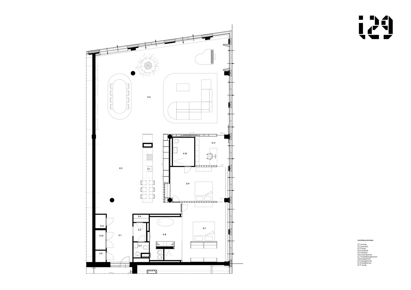 Floor plan drawing showing an open layout with kitchen, living areas, and service rooms